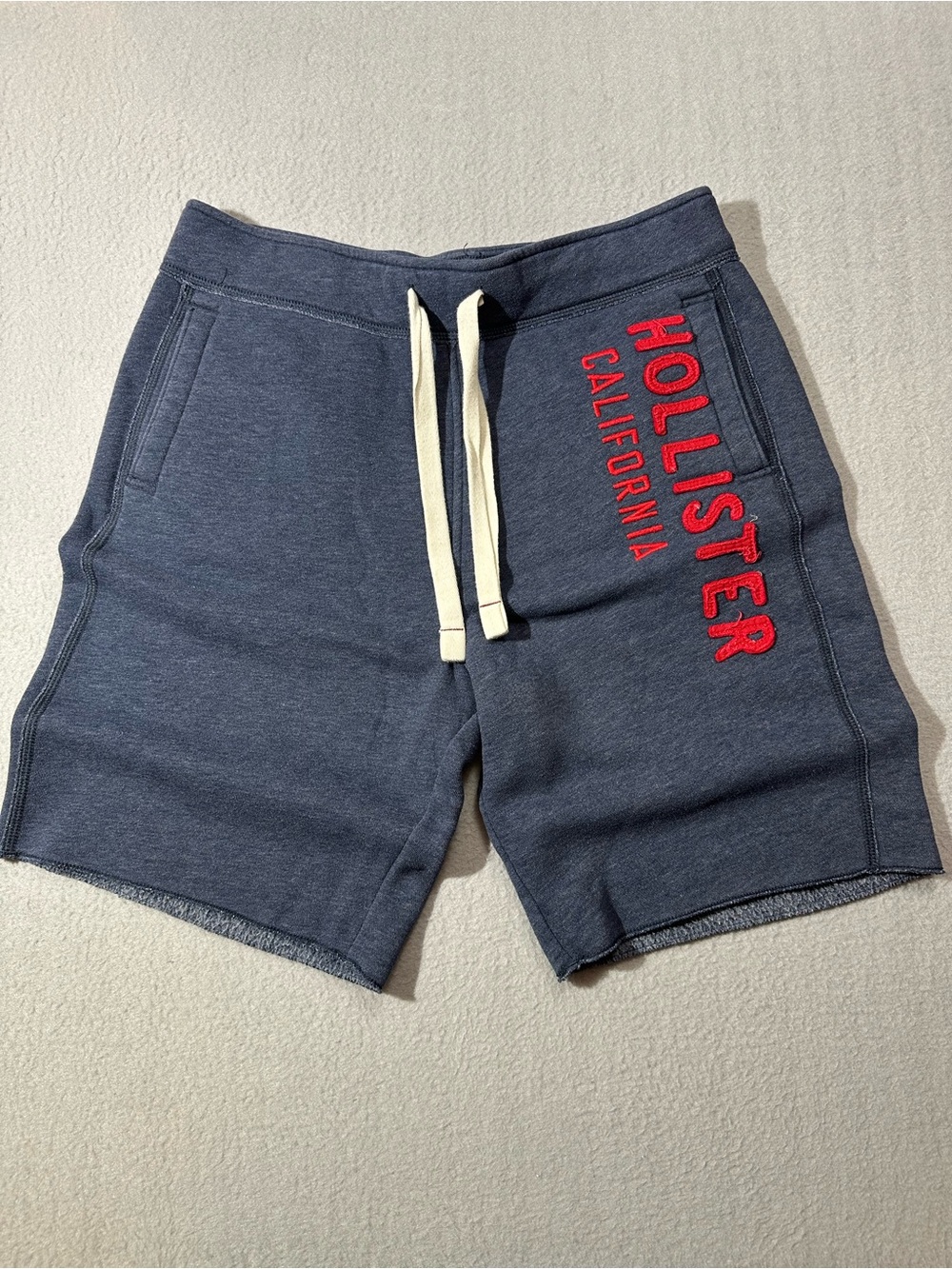 Vintage Hollister Men's Dark Navy Sweat Shorts with Red Logo